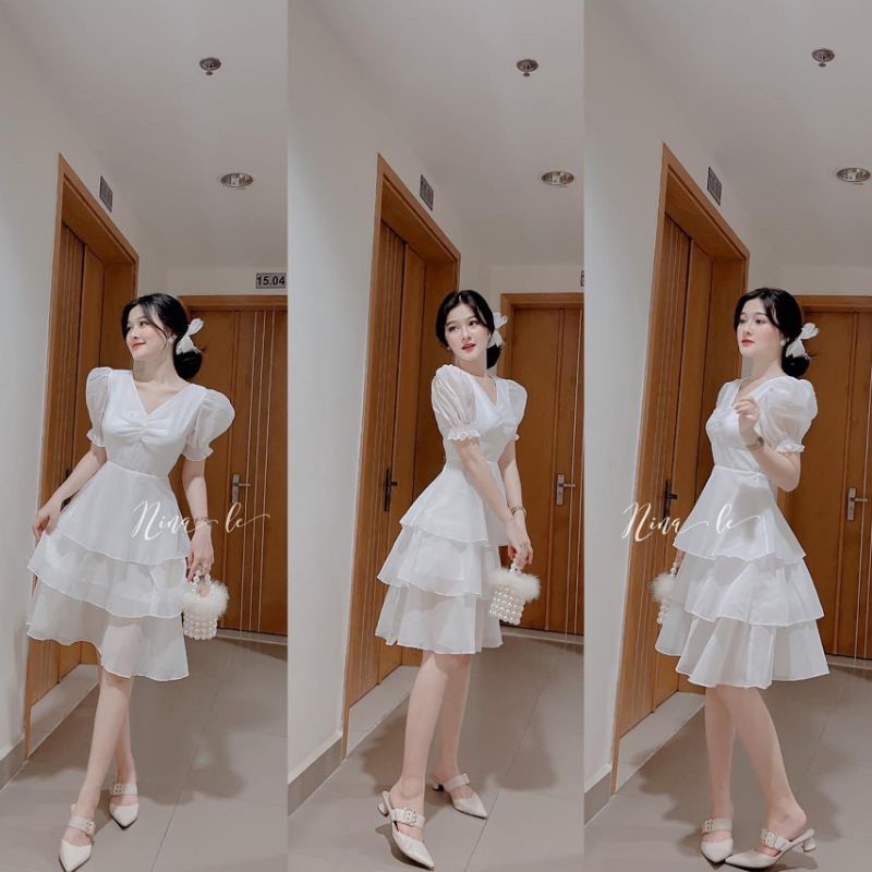 đầm trắng cổ v nhíu ngực bèo | BigBuy360 - bigbuy360.vn
