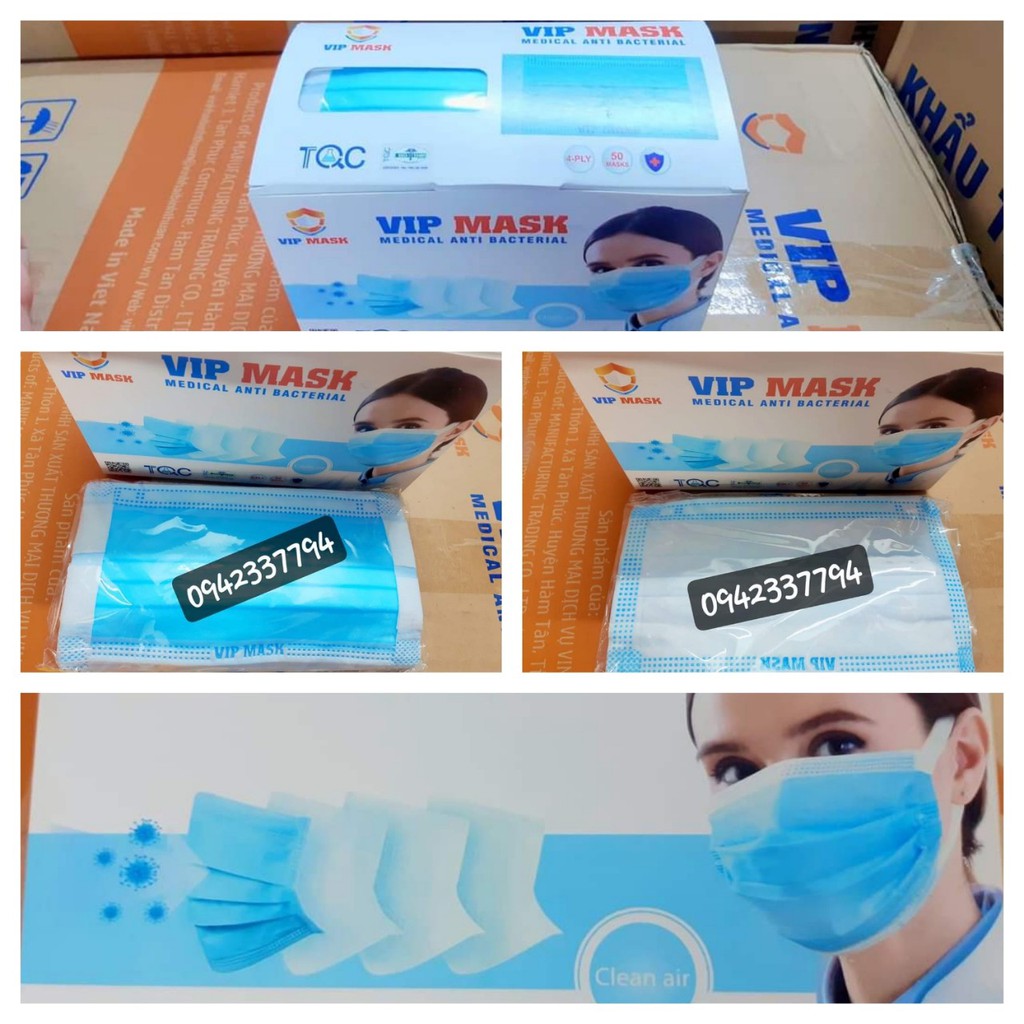 Hộp 50 cái khẩu trang y tế VIP Mask màu xanh quai đeo không đau