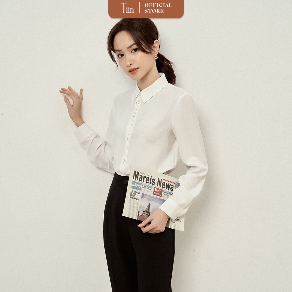 Áo sơ mi nữ cổ đức dài tay công sở Tiinstore giấu khuy áo chất cát hàn chống nhăn phong cách Hàn Quốc AHD241