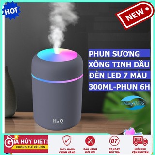 Máy phun sương mini tạo ẩm, máy xông tinh dầu đèn led 7 màu sạc USB dùng cho phòng điều hòa, xe hơi dung tích 300ml