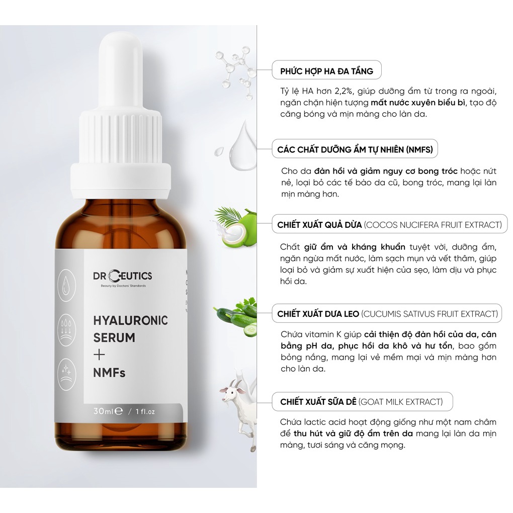 Combo 2 Sản Phẩm Giúp Giảm Nếp Nhăn, Cải Thiện Độ Đàn Hồi Da DrCeutics 30ml (HA + NMFs, Vitamin C)