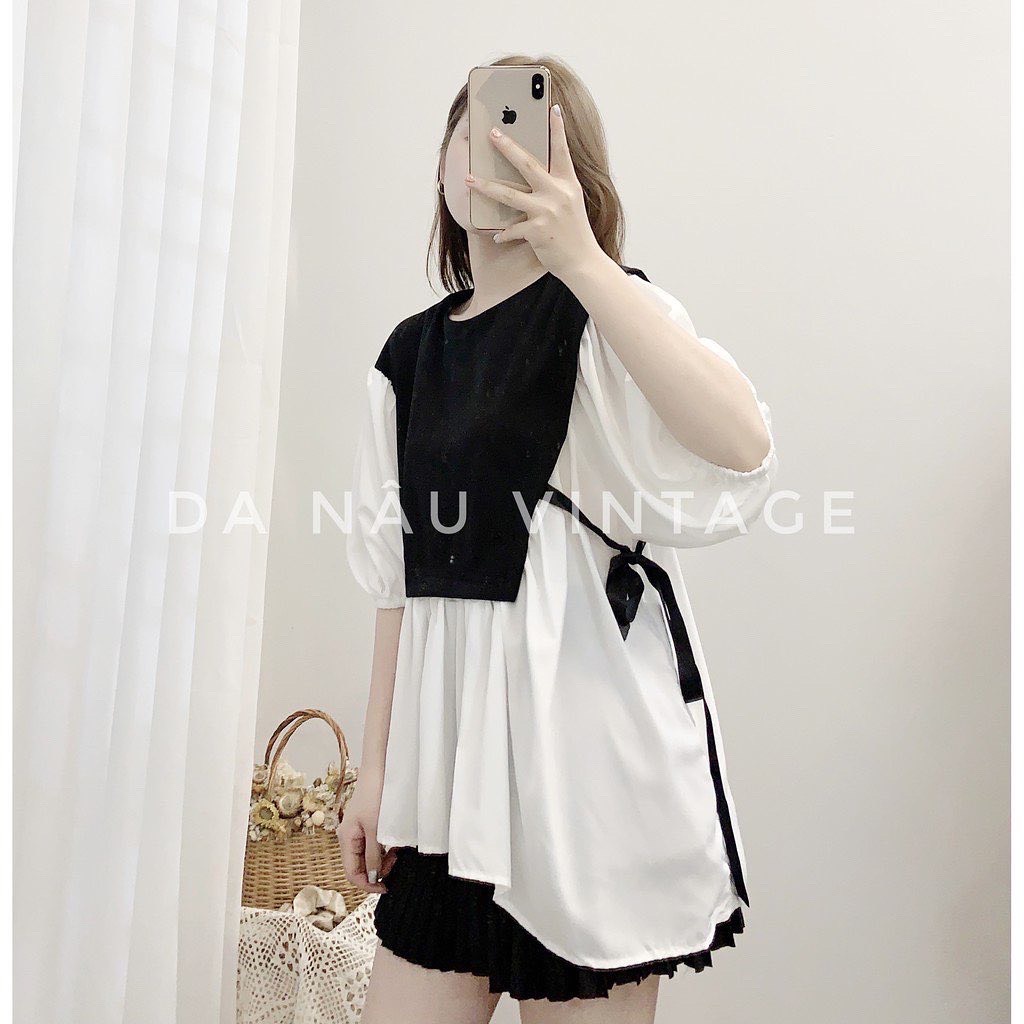 Áo babydoll trắng phối yếm đen lửng buộc dây eo