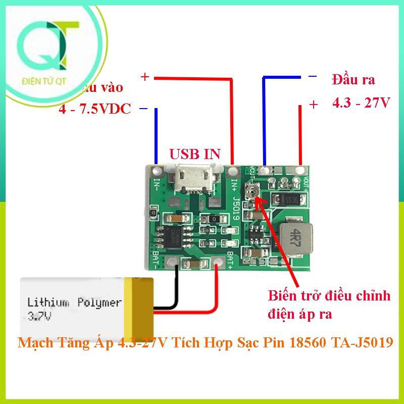 Mạch Tăng Áp 4.3-27V Tích Hợp Sạc Pin 18650 TA-J5019