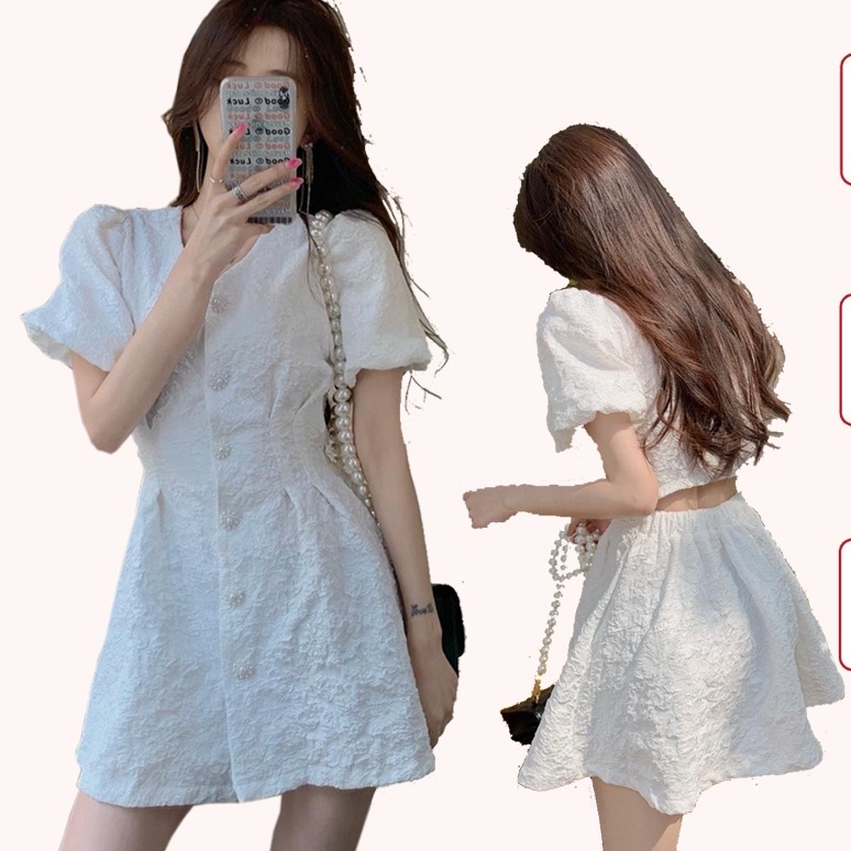 Đầm nữ cổ chữ V họa tiết dập nổi thanh lịch nữ tính, Váy gấm hở lưng hoạ tiết nổi tay bồng có MÂY1989