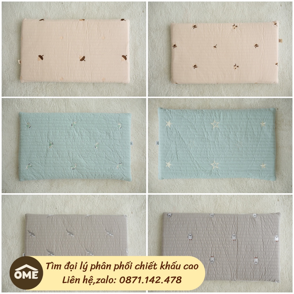 Gối đầu cao su non chống ngạt vỏ vải cotton Hàn chần bông thêu OME