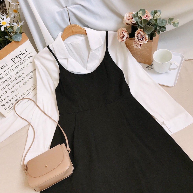 SET áo sơ mi cổ vest + đầm yếm cột nơ lưng - 22.Lystore