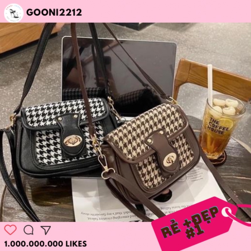 Túi xách đeo chéo, túi đeo vai hoạ tiết houndstooth, nanh sói hottrend  thời trang Hàn Quốc cho nữ