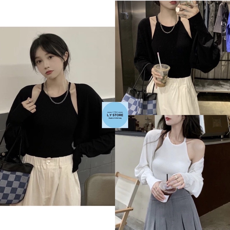 Set Áo Quây Tăm Tay Bồng L.Y Store Nữ [FREESHIP]  Bộ croptop body kèm áo khoác cardigan mini màu trắng bánh bèo Ulzzang