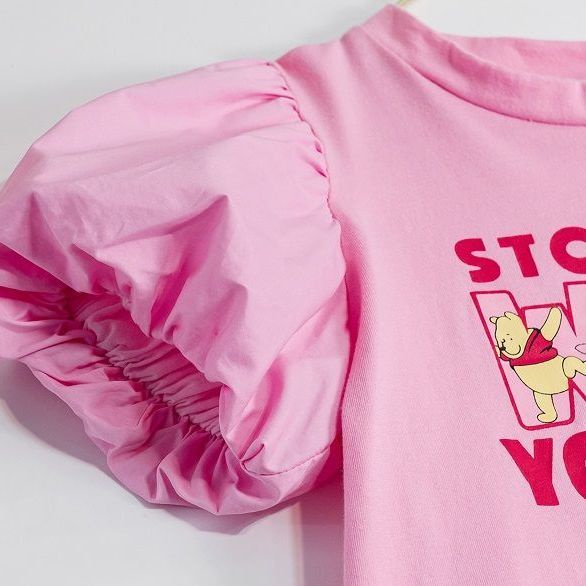 Áo Thun Tay Ngắn Phồng Bằng Vải Cotton Màu Trơn Dễ Thương Phong Cách Hàn Quốc Dành Cho Bé Gái