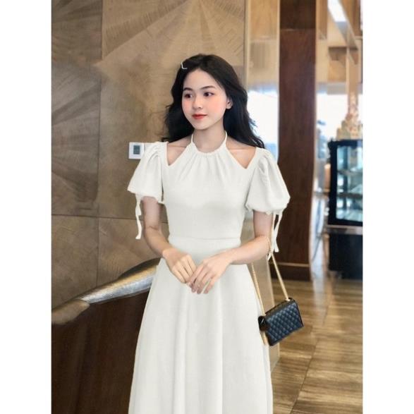 Đầm midi cổ yếm dáng xòe 8 mảnh tay phồng 3 màu