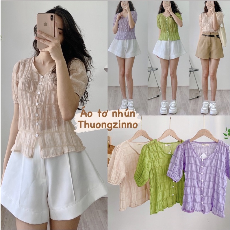 [Ảnh thật/Video]Áo sơ mi China Nhún Lụa cúc ngực tiểu thư nhẹ nhàng Áo sơ mi cổ V chất lụa nhăn