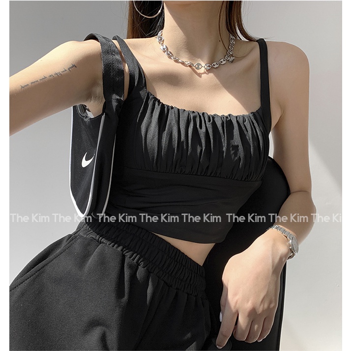 Áo 2 dây cổ U nhún ly ngực croptop , áo thun chất cotton co giãn tôn dáng The Kim A102