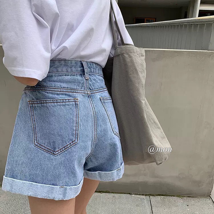2101383 Quần short jeans nữ ulzzang cạp cao màu xanh nhạt có size