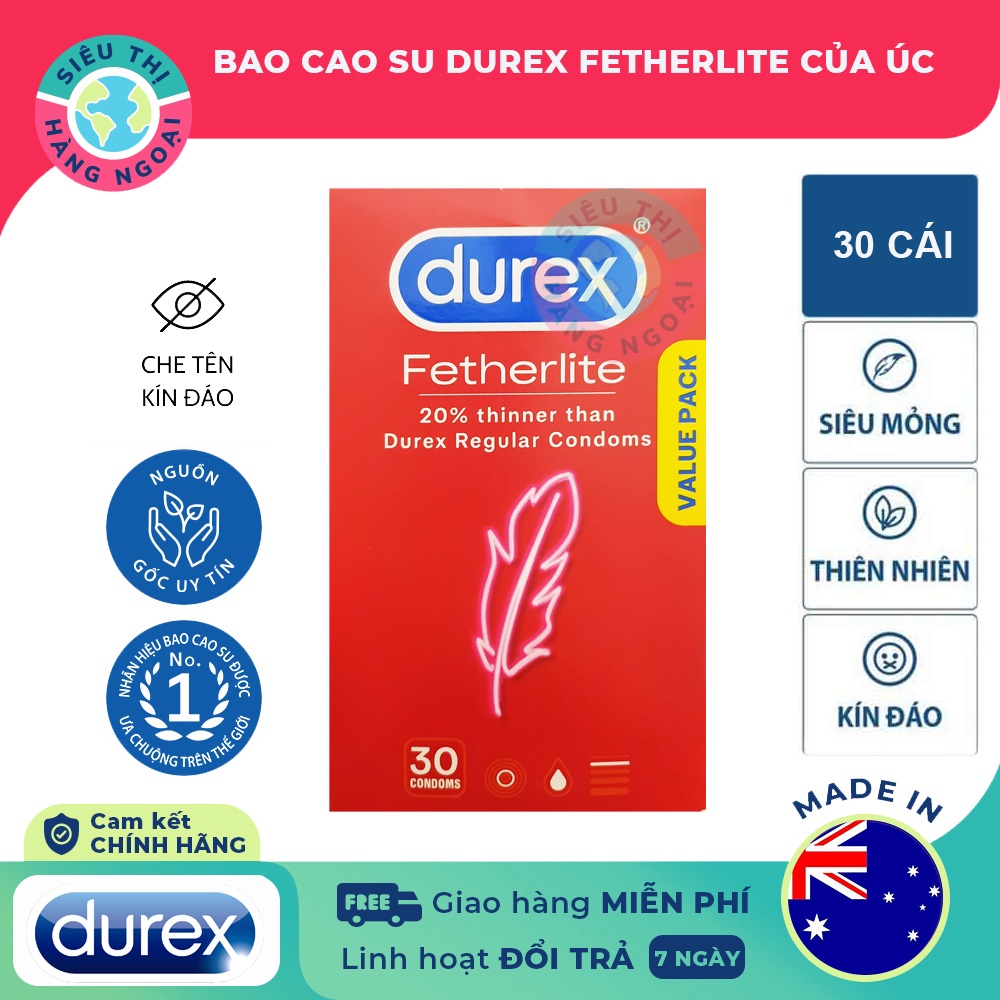 Bao Cao Su Durex Fetherlite Siêu Mỏng (Hộp 30 Chiếc) Hàng ÚC (Siêu Thị Hàng Ngoại)