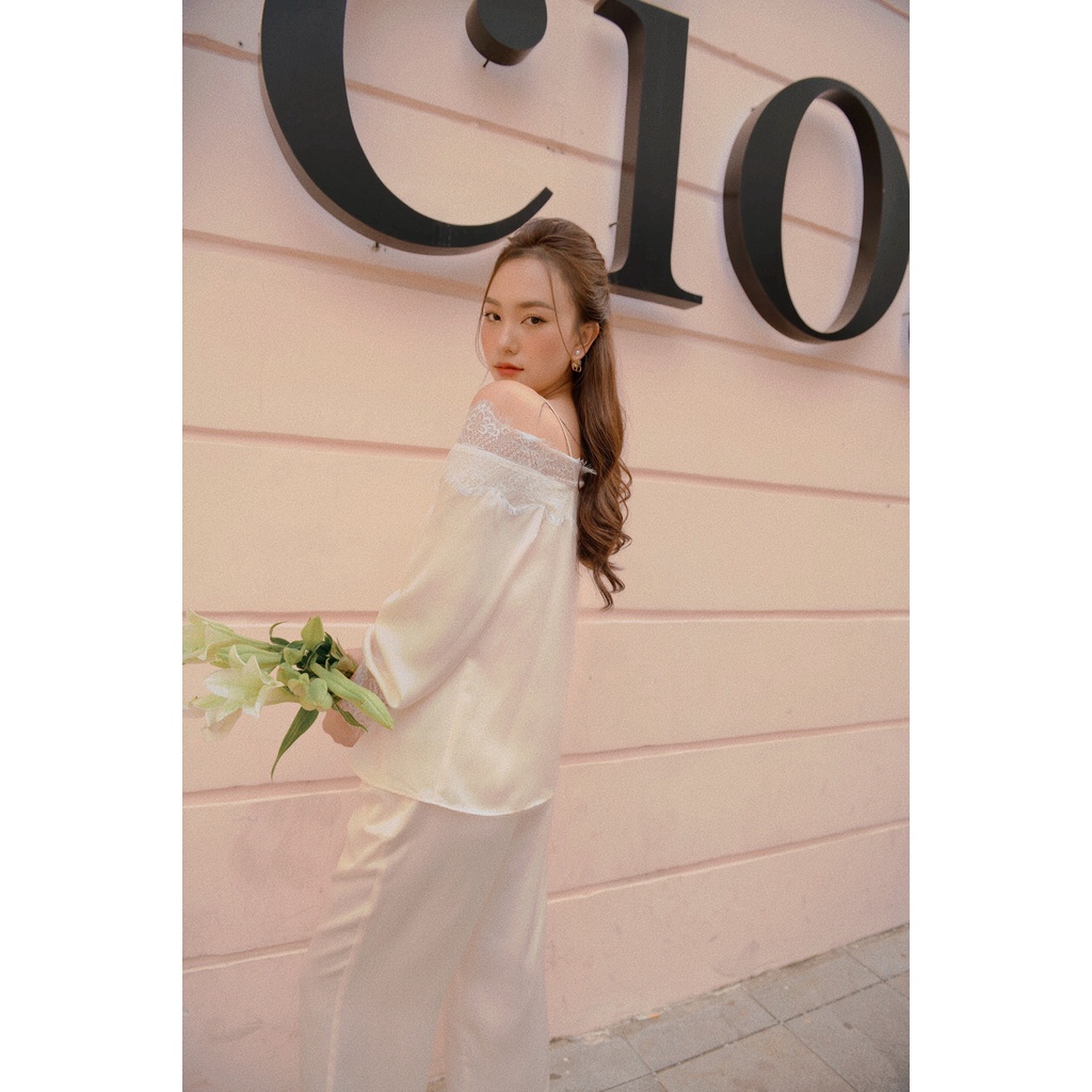 Set lụa 2 dây ren công sở đi làm đi chơi áo kiểu vải lụa hàn trẻ trung sang chảnh quần dài ống rộng cao cấp BOHEE B8