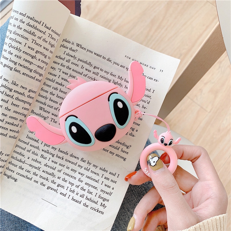 Lilyrose Store/ 3D Cartoon Cute Stitch Couple Lover AirPods 1/2 AirPods Pro Bluetooth Headset Anti-fall Silicone Soft Case Headset Protection Cover With Lanyard