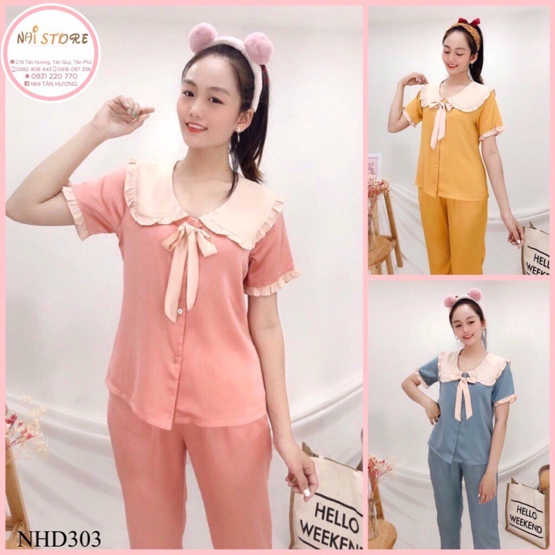 [FREESHIP 50K] Bộ lụa Pijama NHISTORE Bộ Quần Dài Tay Ngăn Lụa Satin Tiểu Thư Cổ Phối Bèo Nơ Freesize 45-58kg