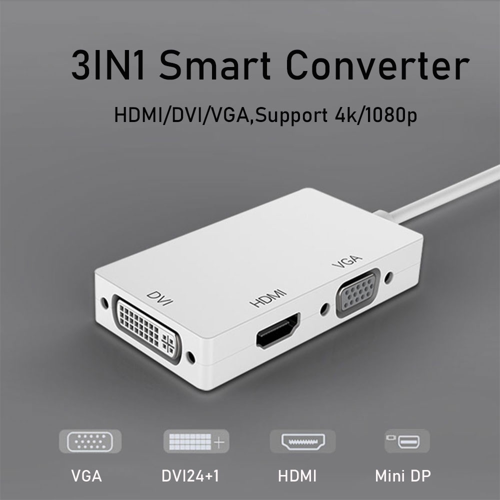 Mini DisplayPort (thunderbolt) to DVI VGA HDMI 3 In 1 Adapter, DisplayPort Adapter for MacBook Air MacBook Pro iMac Mac Mini Surface Pro 1 2 3 4