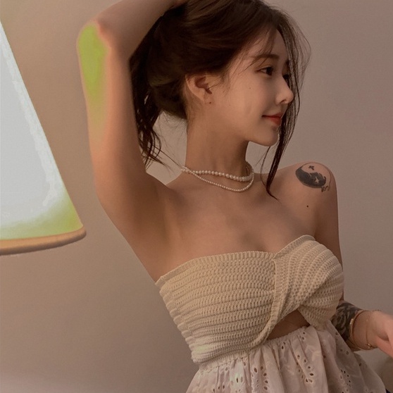 [Hana And Alice] Áo Dệt Kim Phối Ren Hở Vai Quyến Rũ Thời Trang