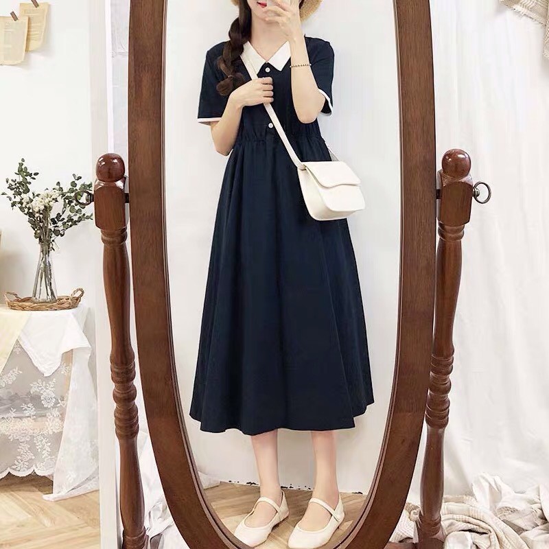 Đầm polo đen viền cổ trắng Váy ngắn tay đi học | BigBuy360 - bigbuy360.vn