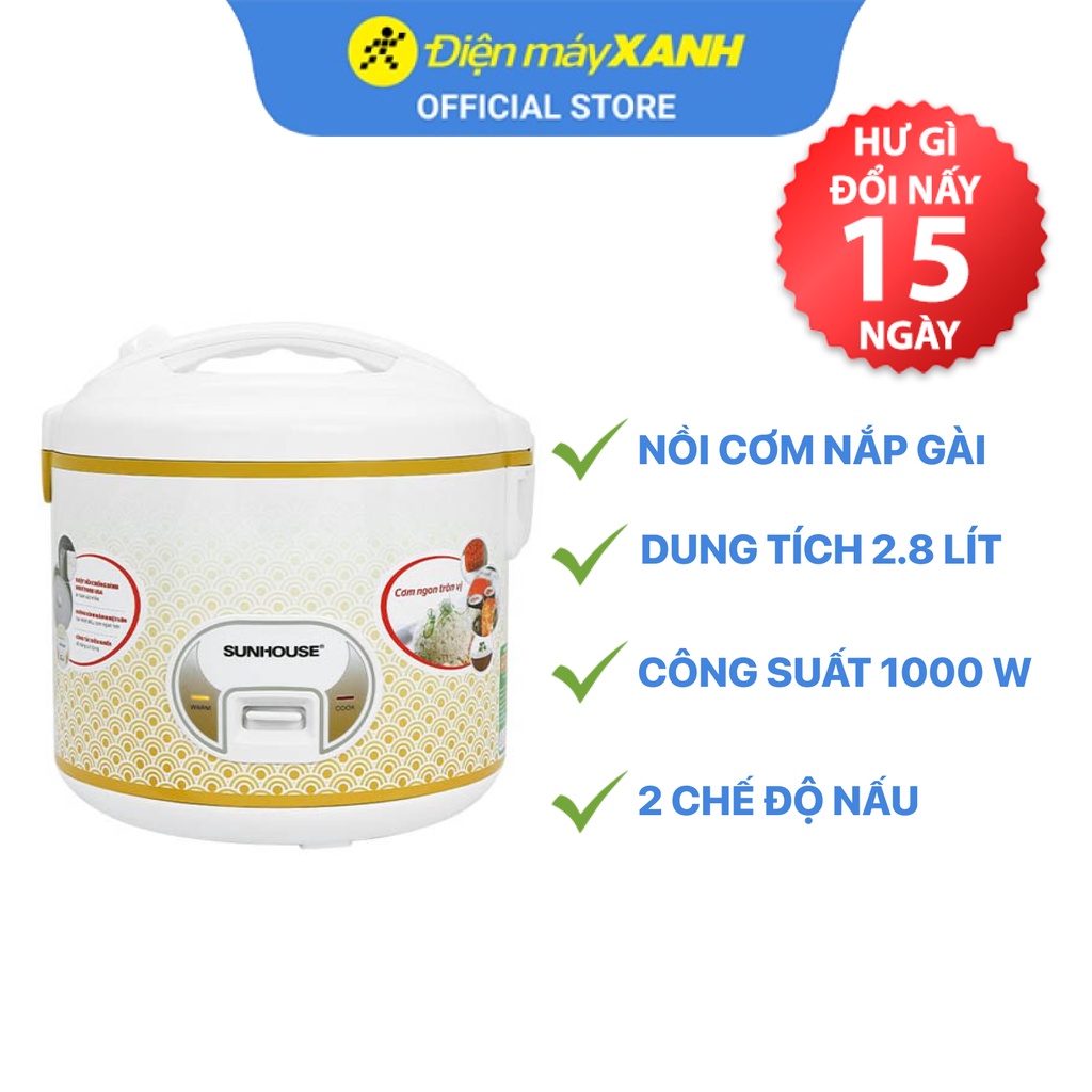 Nồi cơm điện nắp gài Sunhouse SH 830 2.8 lít  1000 W lòng nồi chống dính - Chính hãng BH 12 tháng