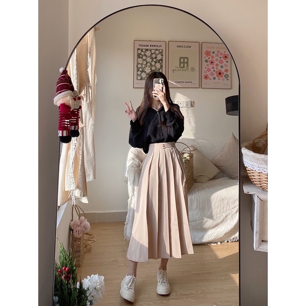 [Hình thật độc quyền TOS.CLOSET]Chân váy xoè xếp ly nút giữa lưng | BigBuy360 - bigbuy360.vn