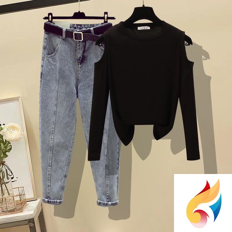 Set Áo Thun Dài Tay Trễ Vai + Chân Váy Ôm Phong Cách Hàn Quốc Thời Trang Dành Cho Nữ