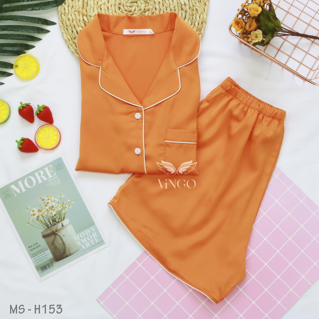 Bộ mặc nhà Pyjama nữ mùa hè VINGO Lụa Pháp trơn cao cấp tay cộc quần cộc phối viền trắng nhiều màu H153 VNGO - TCQC