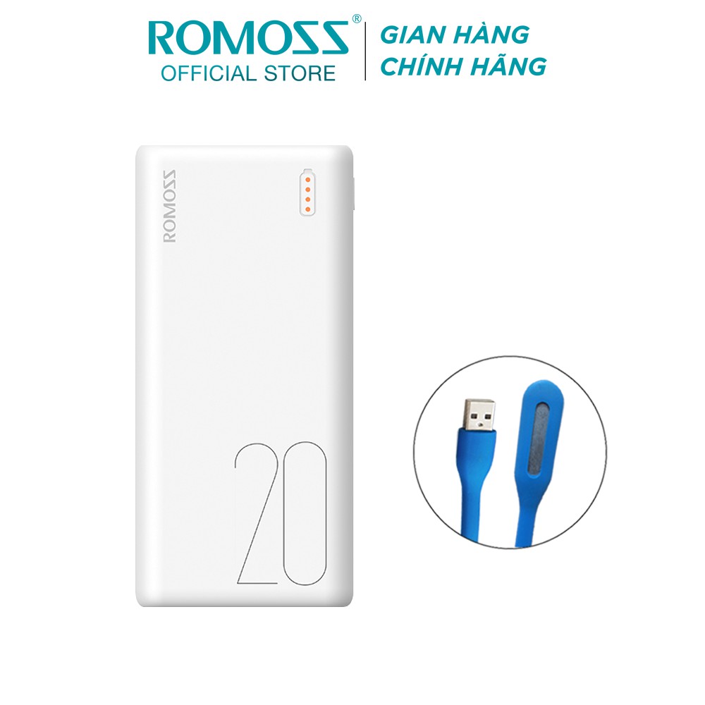 Pin sạc dự phòng Romoss Simple 20 20.000mAh nhỏ gọn 3 cổng input tặng đèn LED USB - Hãng phân phối chính thức