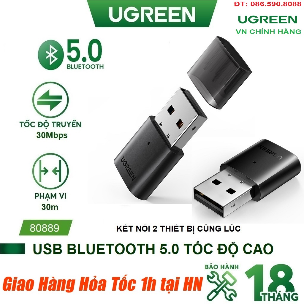 Thiết bị USB thu phát Bluetooth 5.0 UGREEN 80889 cho máy tính PC/Laptop - Hàng phân phối chính hãng - Bảo hành 18 tháng