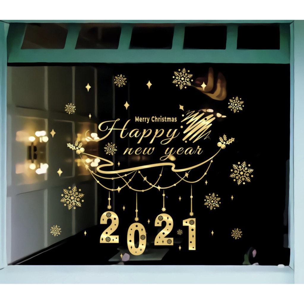 Decal dán tường Noel - Rèm dây chữ 2021 cao cấp ánh vàng