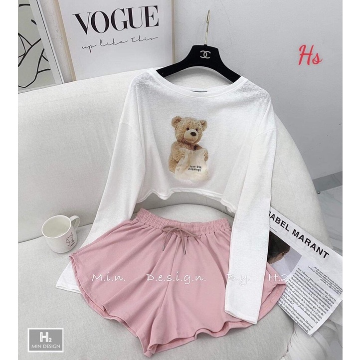 Bộ gấu tay dài quần đùi hồng HSU1