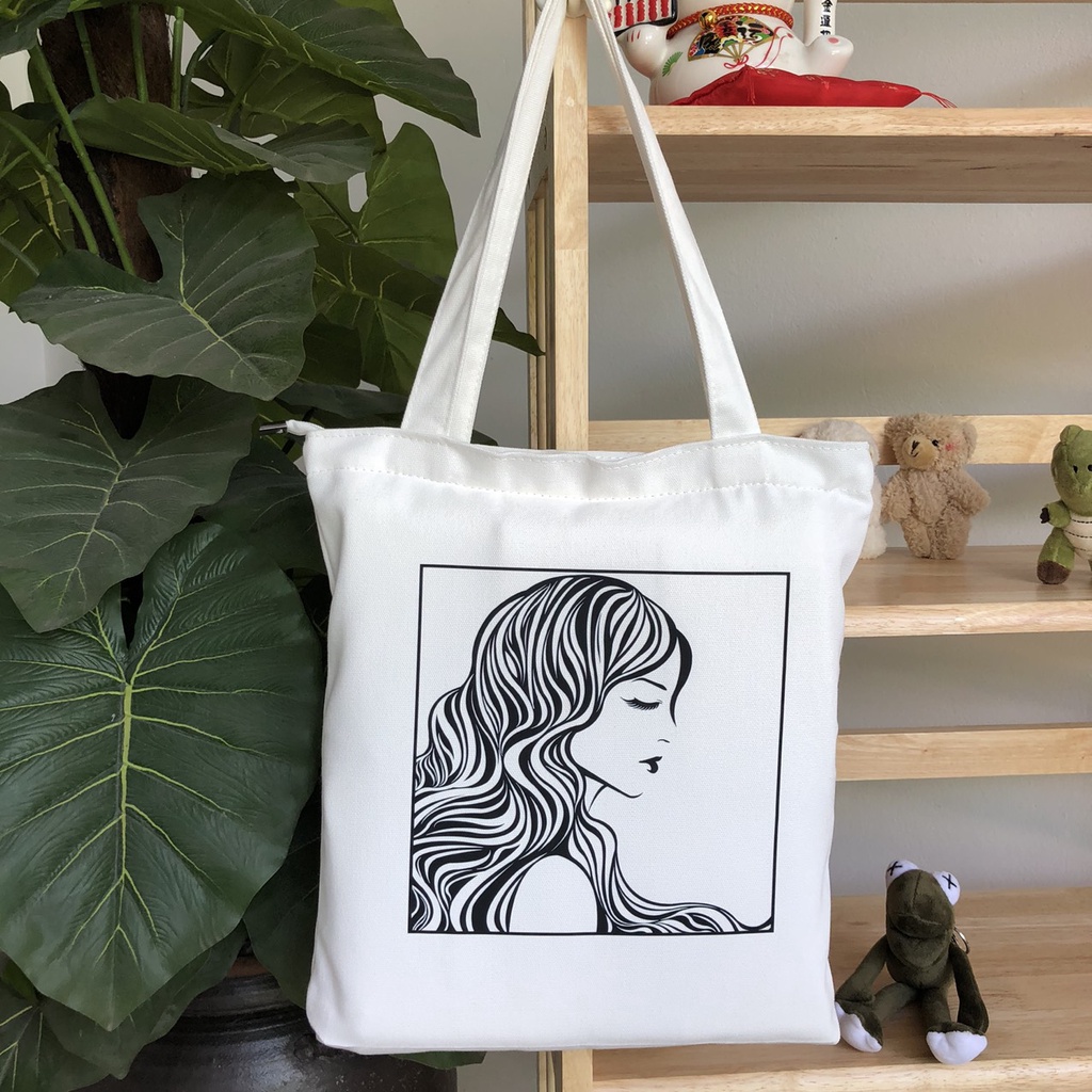 Túi tote vải canvas bag đeo vai cô gái tóc xoăn có khóa kéo miệng túi