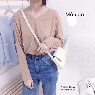 Áo thun trơn cổ tim dài tay -TR
