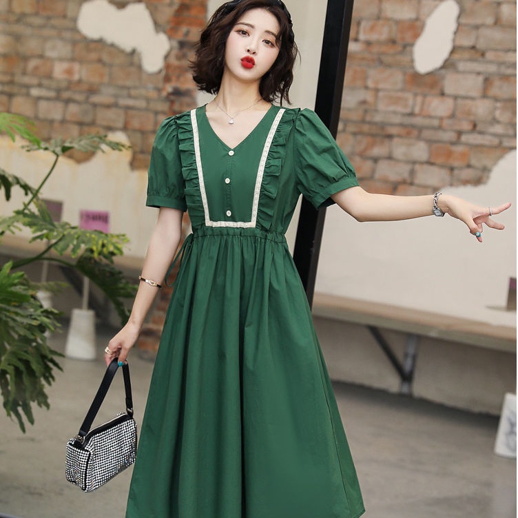 Đầm Midi Tay Phồng Cổ Tròn In Họa Tiết Trái Tim Phong Cách Hàn Quốc Xinh Xắn Cho Nữ