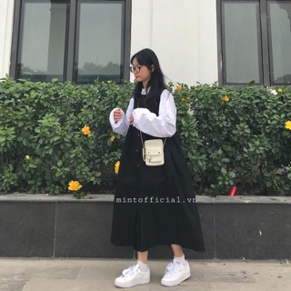 Set áo trắng đầm đen nút cúc