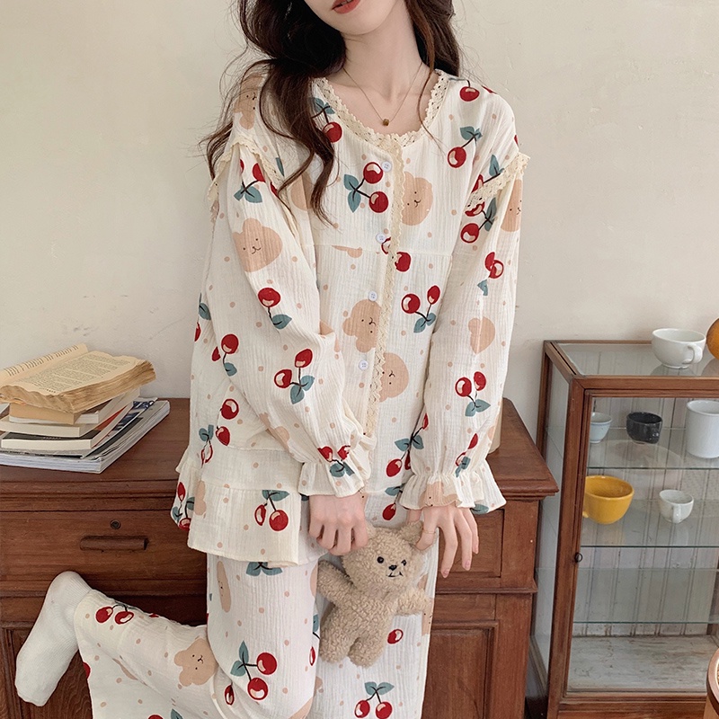 Bộ Đồ Ngủ Pijama Dài Tay Cổ Tròn In Họa Tiết Hoa Kiểu Nhật Bản Thời Trang Xuân Thu Cho Nữ DN042 Con Đỏng Đảnh