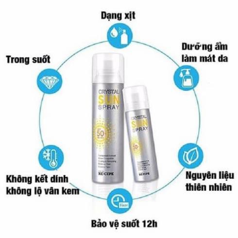 Chống nắng dạng xịt Recipe Crystal Sun Pray SPF50+ nâng tông da, không thấm nước