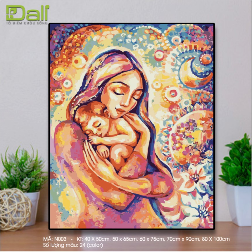 Tranh sơn số hoá tự tô đã căng khung tình mẹ con tình mẫu tử
