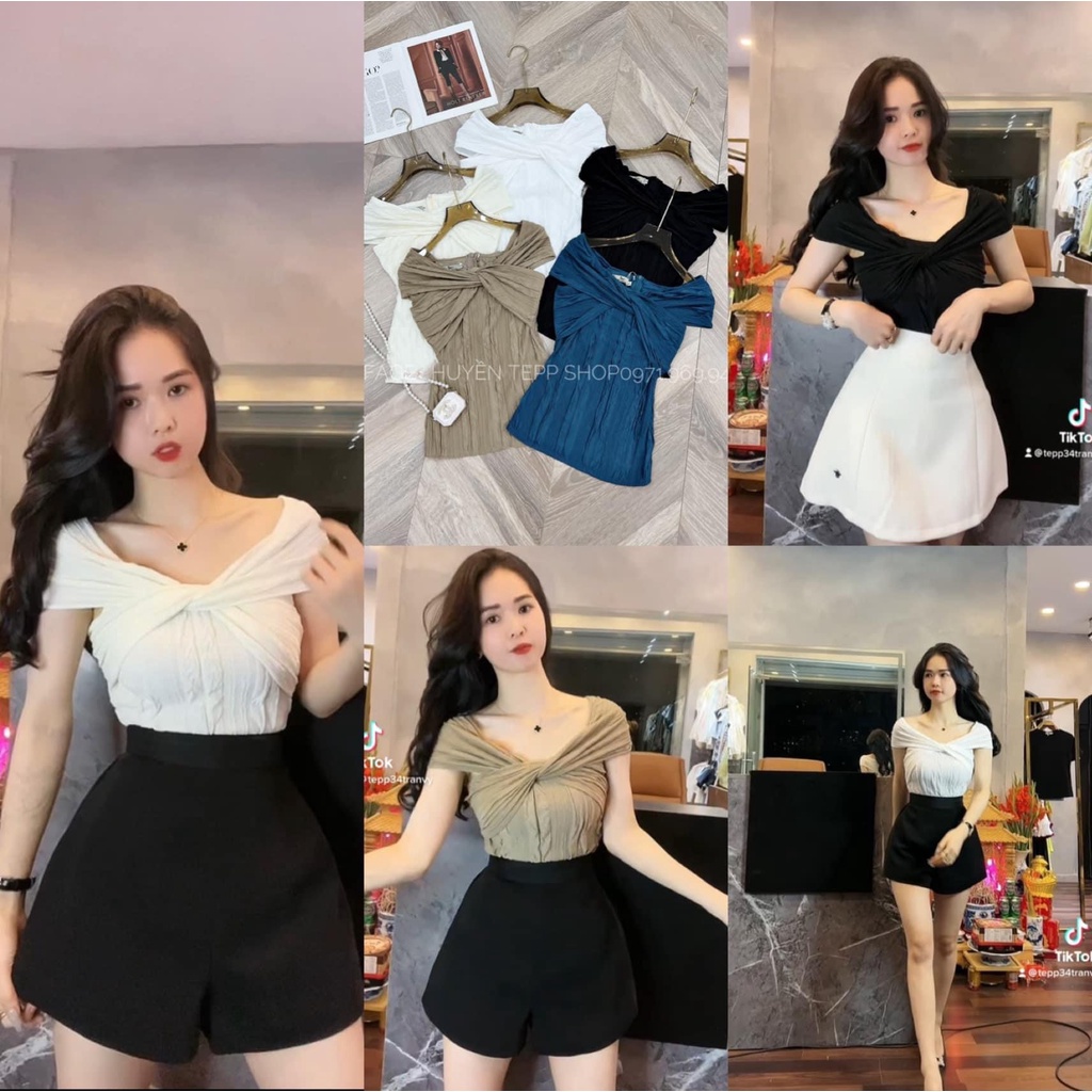 Áo thun cộc tay xốp trễ vai xoắn chéo ngực siêu sang chảnh