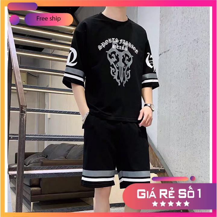 Bộ quần áo nam thể thao cộc tay mặc mùa hè in Hoa Văn, chất thun cotton 2 màu đen/trắng - VIETCEN