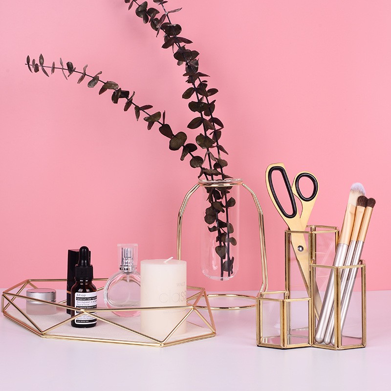 SUPO DEPOT - Giá Đỡ Cọ Trang Điểm Để Bàn Có 3 Ngăn Thép Và Acrylic - Màu Vàng