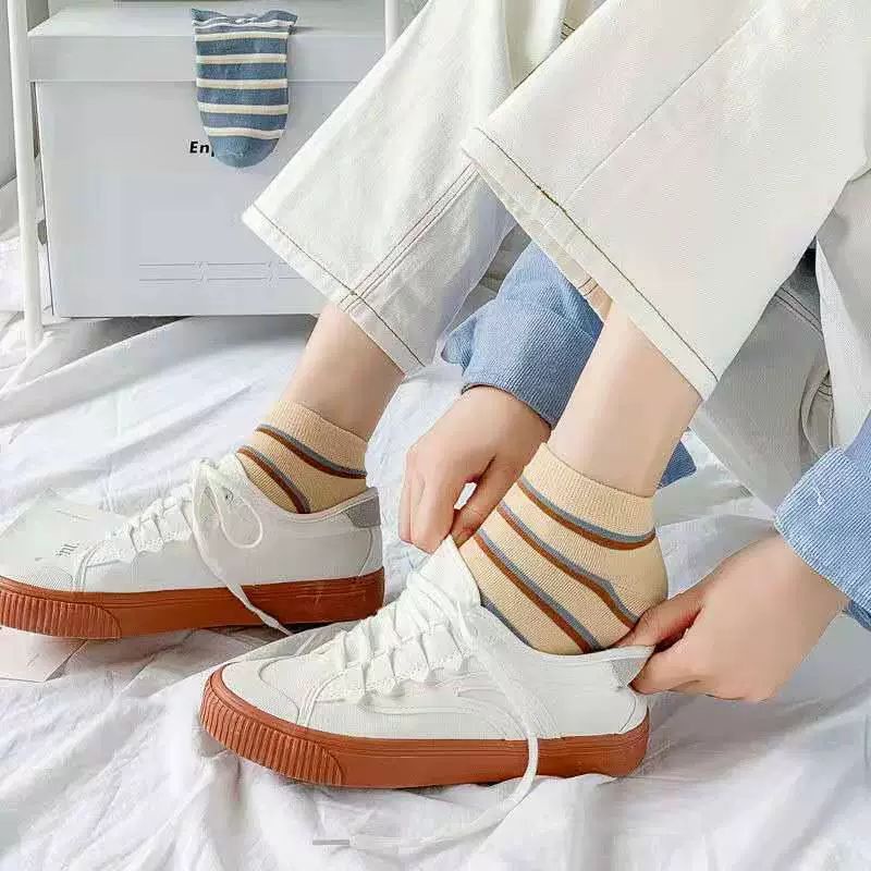 Combo 5 đôi tất cổ trung hàng cotton sọc kẻ phong cách Hàn Quốc