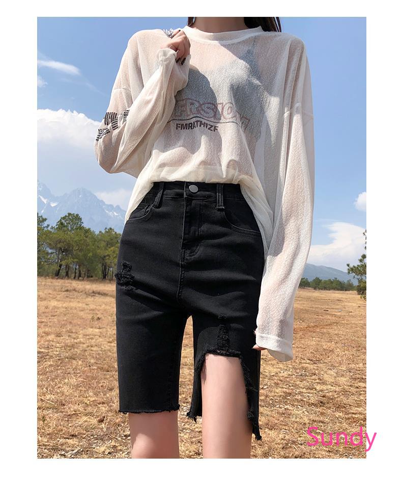 Quần Short Denim Nữ Lưng Cao Xẻ Rách Phong Cách Hàn Quốc