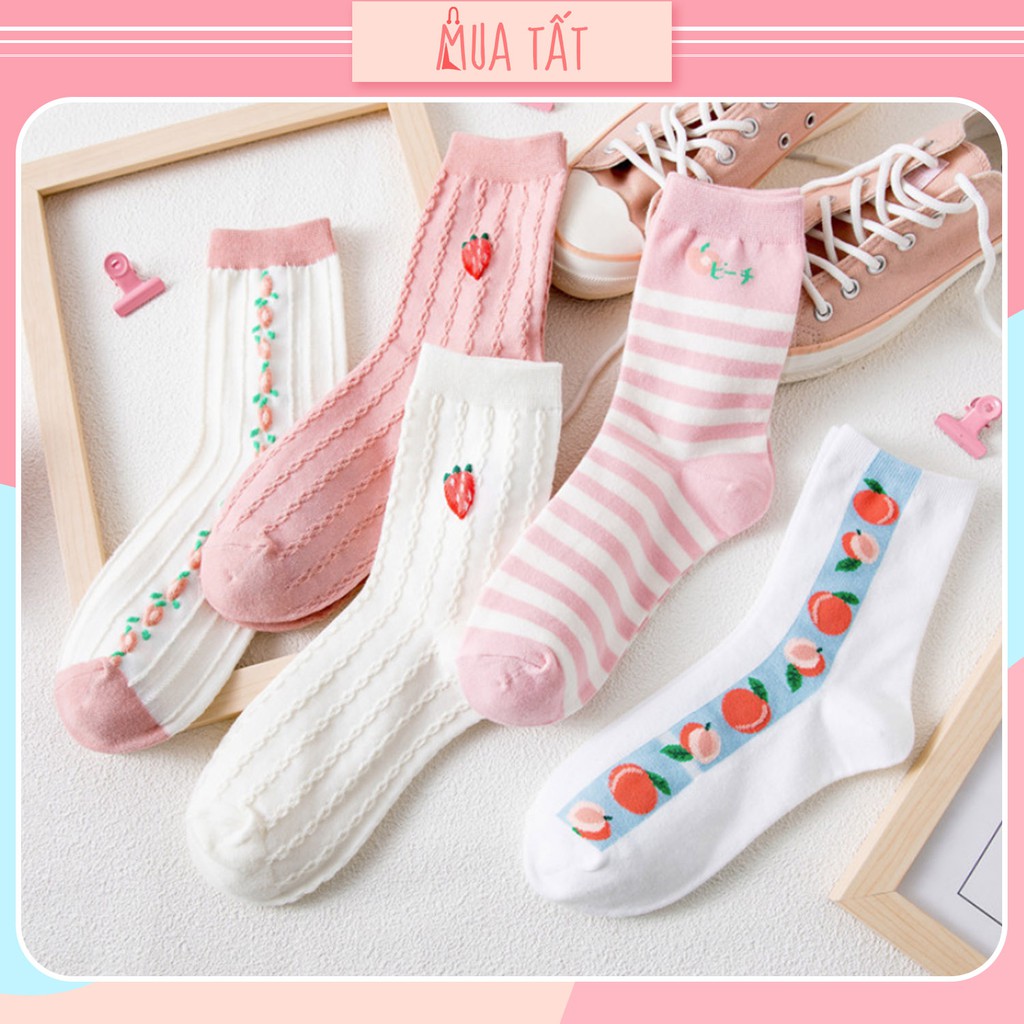 Vớ dài/ tất dài gân mắt xích nổi Mua Tất họa tiết quả dâu (muatatshop)