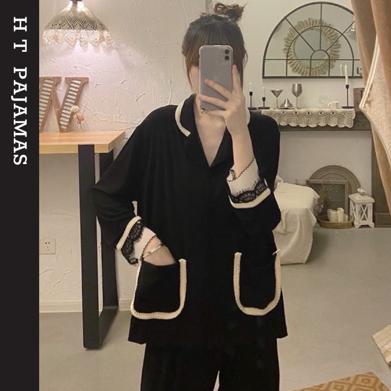 ORDER_ Bộ Ngủ Đen Phối Ren Tiểu Thư N105