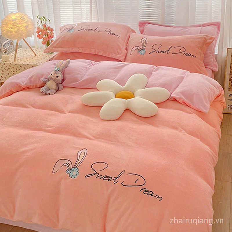 Spot Bộ chăn ga và vỏ gối bằng vải nhung hai mặt họa tiết hoạt hình dễ thương N12n