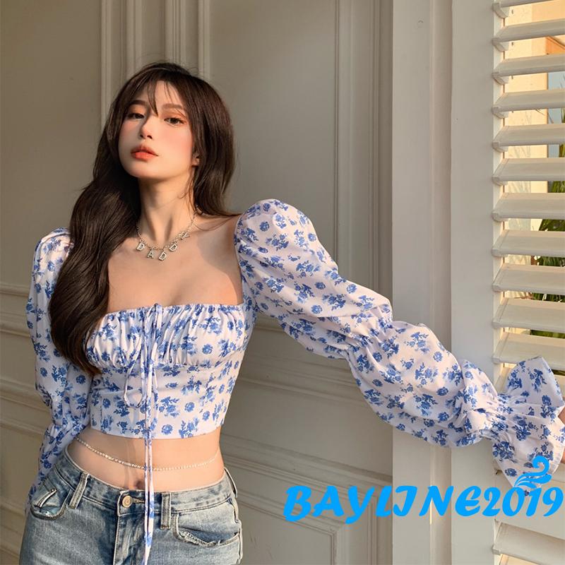 Áo Croptop Tay Dài Cổ Vuông Thời Trang Cho Nữ