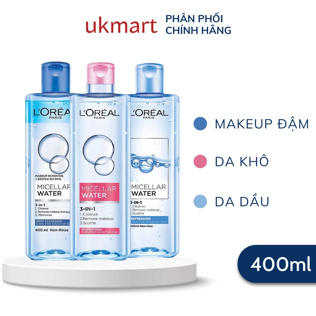 Nước Tẩy Trang L'Oreal Paris Cho Mọi Loại Da 3-in-1 Loreal Micellar Water Da Dầu Da Nhạy Cảm Da Khô