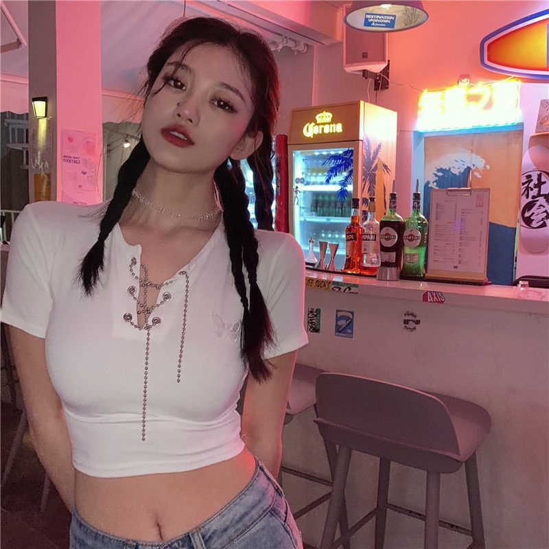 Áo croptop nữ Tay Ngắn Phối Dây Xích Phong Cách Mới 2022 JL-TX-217